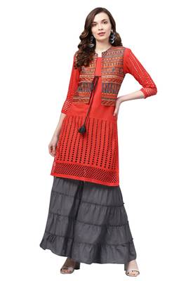 Women's Cotton Orange & Grey Embroidered A-Line Kurta Sharara Set With Jacket 1