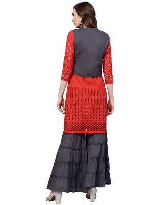 Women's Cotton Orange & Grey Embroidered A-Line Kurta Sharara Set With Jacket 2