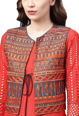 Women's Cotton Orange & Grey Embroidered A-Line Kurta Sharara Set With Jacket 3