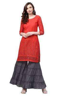 Women's Cotton Orange & Grey Embroidered A-Line Kurta Sharara Set With Jacket 5