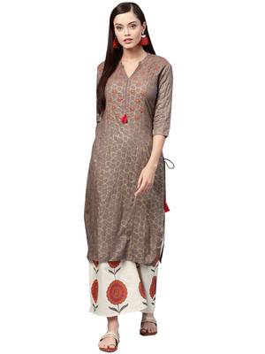 Women's Rayon Grey & Off White Embroidered A-Line Kurta Palazzo Set 1