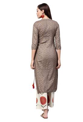 Women's Rayon Grey & Off White Embroidered A-Line Kurta Palazzo Set 2