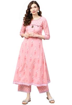 Women's Cotton Pink Printed Anarkali Kurta Palazzo Set 1