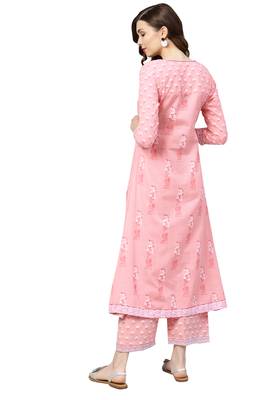 Women's Cotton Pink Printed Anarkali Kurta Palazzo Set 2