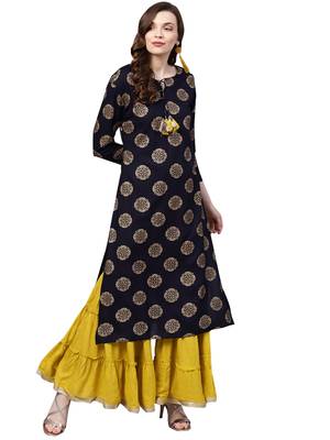 Women's Cotton Navy Blue & Mustard Yellow Printed A-Line Kurta Sharara Set 1