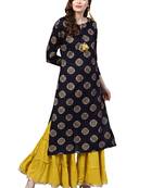 Women's Cotton Navy Blue & Mustard Yellow Printed A-Line Kurta Sharara Set
