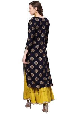 Women's Cotton Navy Blue & Mustard Yellow Printed A-Line Kurta Sharara Set 2