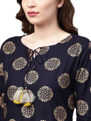 Women's Cotton Navy Blue & Mustard Yellow Printed A-Line Kurta Sharara Set 3