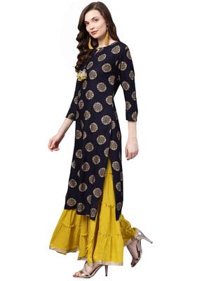Women's Cotton Navy Blue & Mustard Yellow Printed A-Line Kurta Sharara Set 5