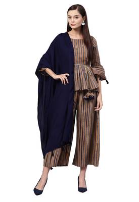 Women's Cotton Mustard Yellow Printed Top Palazzo Dupatta Set 1