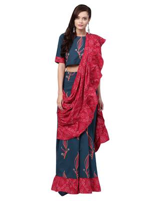 Women's Cotton Navy Blue & Pink Printed Ready To Wear Skirt Saree 1