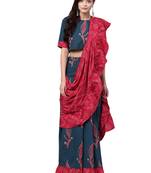 Women's Cotton Navy Blue & Pink Printed Ready To Wear Skirt Saree