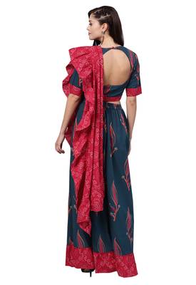 Women's Cotton Navy Blue & Pink Printed Ready To Wear Skirt Saree 2