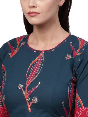 Women's Cotton Navy Blue & Pink Printed Ready To Wear Skirt Saree 3