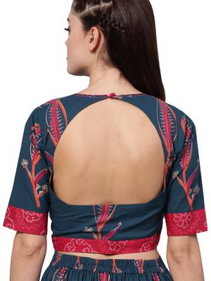 Women's Cotton Navy Blue & Pink Printed Ready To Wear Skirt Saree 5