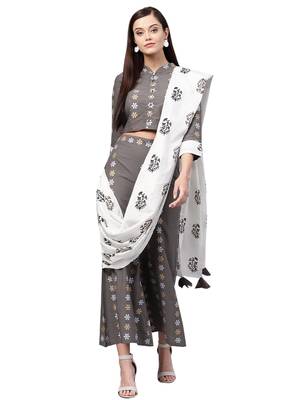 Women's Cotton Grey & White Printed Ready To Wear Palazzo Saree 1