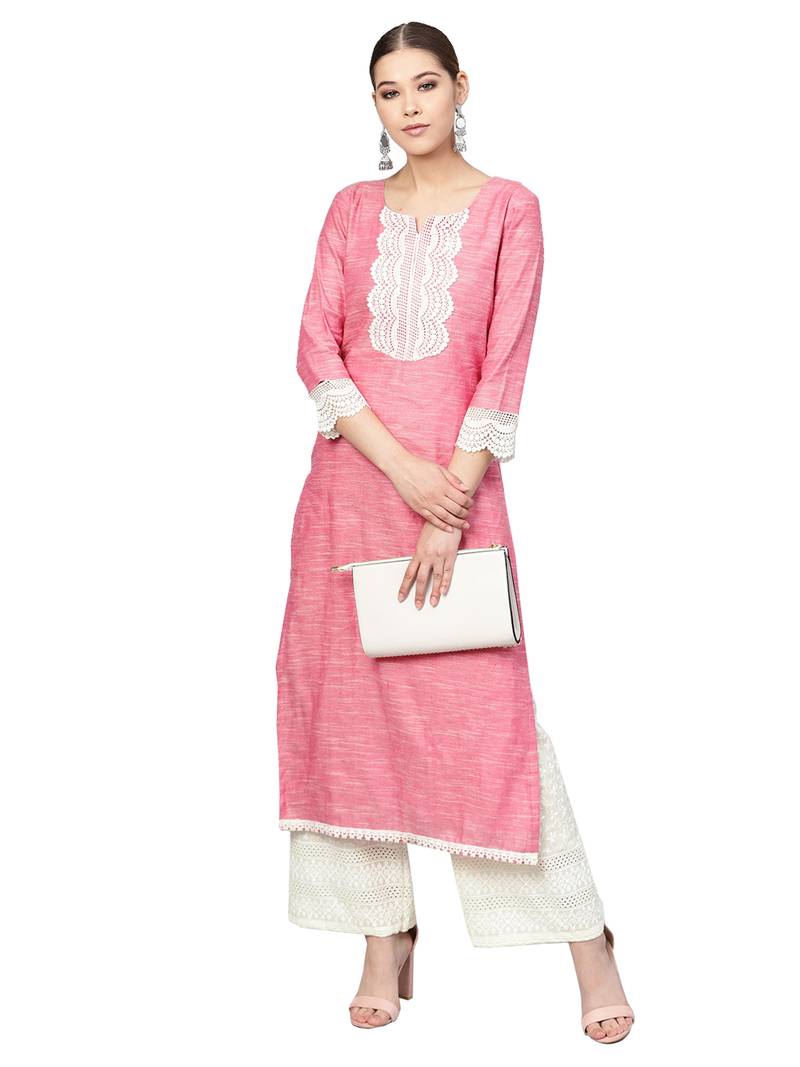 Pink & White Handloom Cotton Lace Border Kurta Palazzo Set