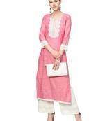 Pink & White Handloom Cotton Lace Border Kurta Palazzo Set