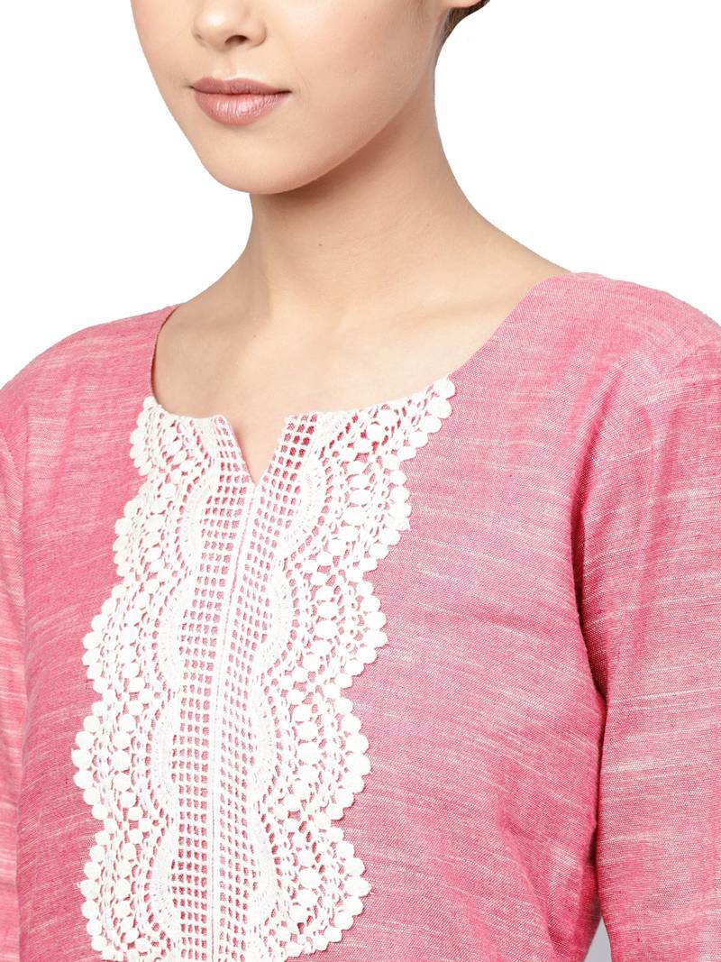 Pink & White Handloom Cotton Lace Border Kurta Palazzo Set