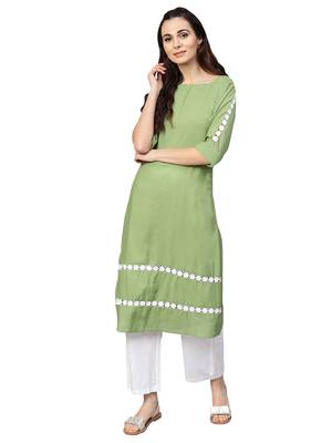 Green & White Cotton Solid Kurta Palazzo Set 1