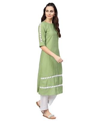 Green & White Cotton Solid Kurta Palazzo Set 2