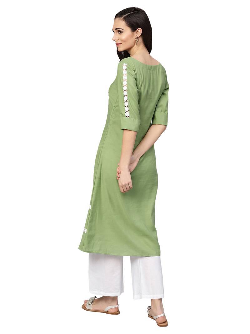 Green & White Cotton Solid Kurta Palazzo Set