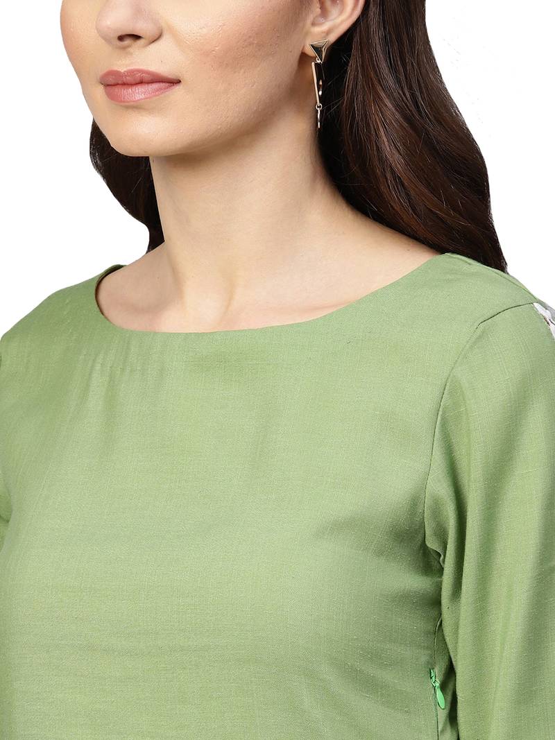 Green & White Cotton Solid Kurta Palazzo Set