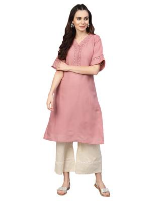 Pink & Off White Cotton Solid Kurta Palazzo Set 1