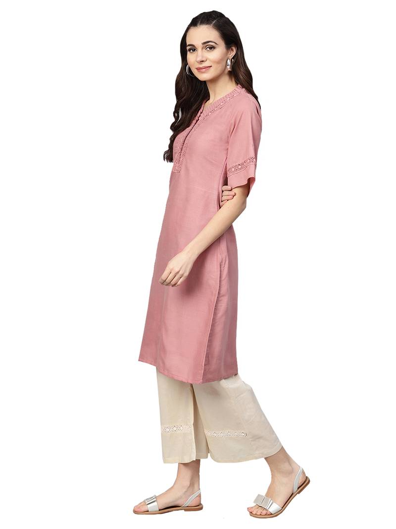 Pink & Off White Cotton Solid Kurta Palazzo Set
