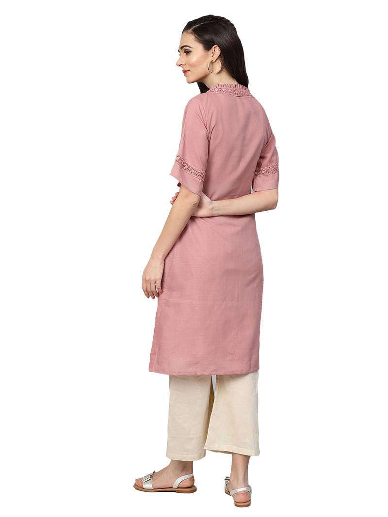 Pink & Off White Cotton Solid Kurta Palazzo Set