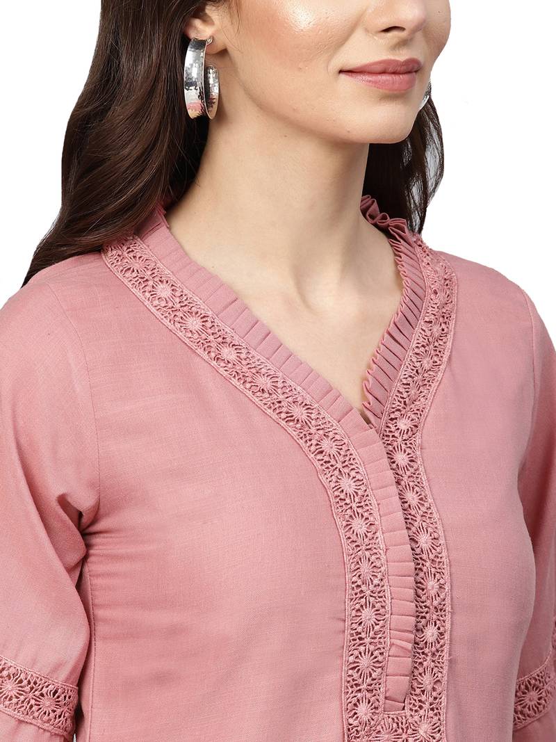 Pink & Off White Cotton Solid Kurta Palazzo Set