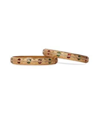 Set Of 2 Gold Dyed Bracelets With Red And Green Meenakari Work 2
