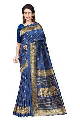 Blue printed art silk saree with blouse 1