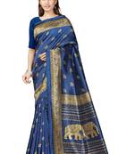 Blue printed art silk saree with blouse