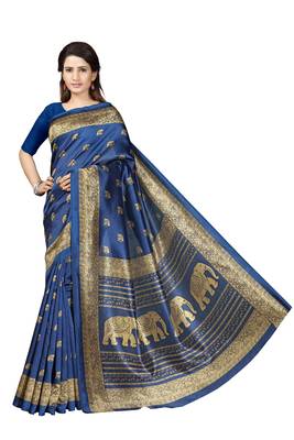 Blue printed art silk saree with blouse 2