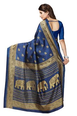 Blue printed art silk saree with blouse 3
