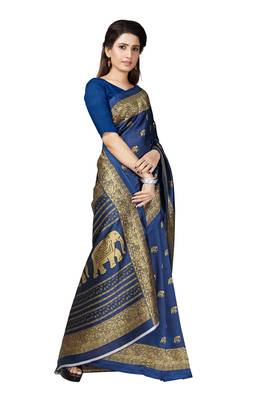 Blue printed art silk saree with blouse 4