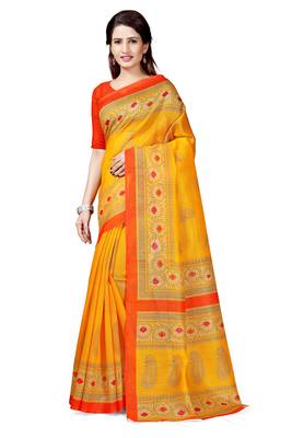Yellow printed art silk saree with blouse 1