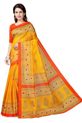 Yellow printed art silk saree with blouse 2