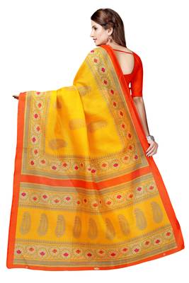 Yellow printed art silk saree with blouse 3