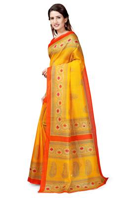 Yellow printed art silk saree with blouse 4
