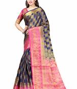Blue woven banarasi silk saree with blouse