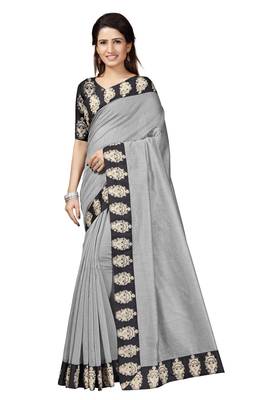 Grey plain chanderi saree with blouse 1