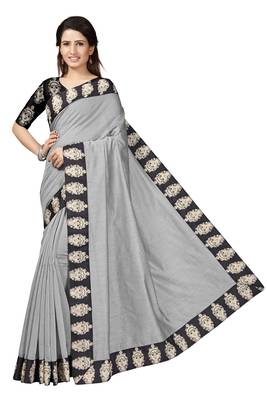 Grey plain chanderi saree with blouse 2