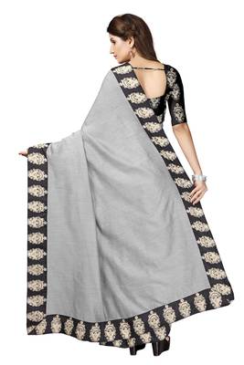 Grey plain chanderi saree with blouse 3