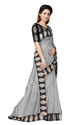 Grey plain chanderi saree with blouse 4