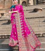 Pink woven banarasi silk saree with blouse