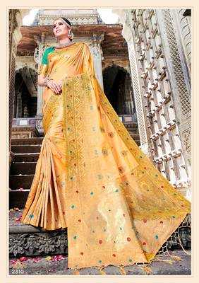 Yellow woven banarasi silk saree with blouse 1