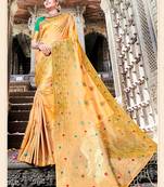 Yellow woven banarasi silk saree with blouse