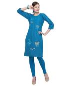 Blue embroidered rayon party wear kurtis